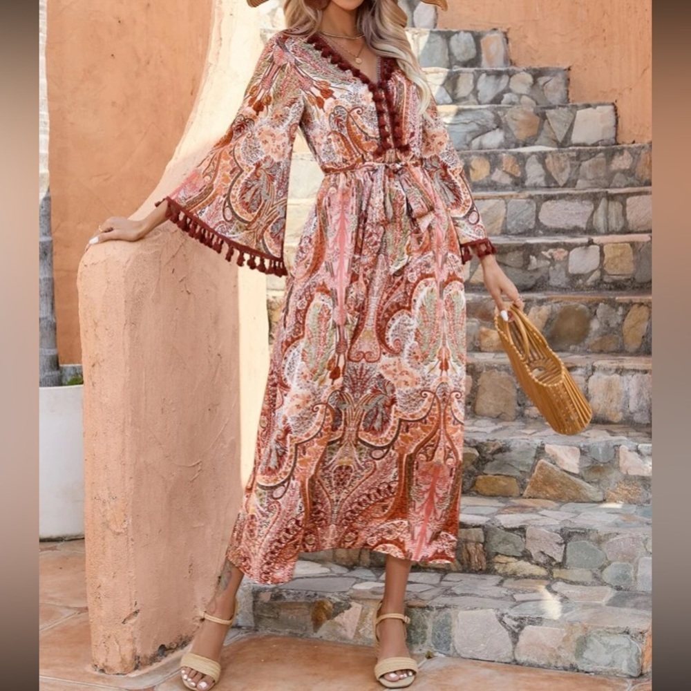 Boho paisley print tassel trim maxi dress - Picture 1 of 6